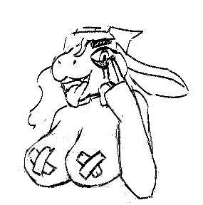 Dakota making a freaky face, her nipples have tape over them